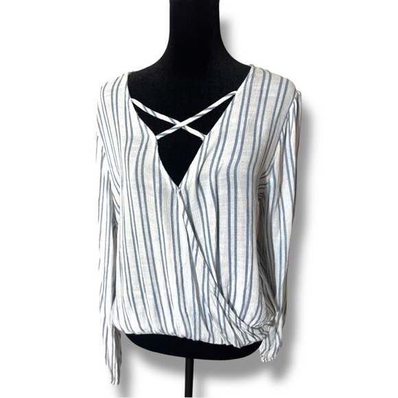 Charlotte Russe Navy and White Striped Wrap Criss Cross Front Detail Blouse - Picture 3 of 14